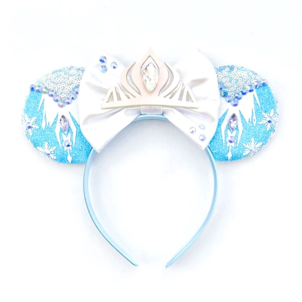 Handmade Frozen Elsa Ears – White Bow, Sequins, Icicles, Glitter & Rhinestones